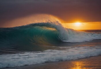 Wall Mural - sunset through a breaking wave.