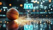 © Yelloone - A basketball glides across a shiny court, with sparks flying off, capturing the dynamic energy of the game in a vibrant, illuminated arena.