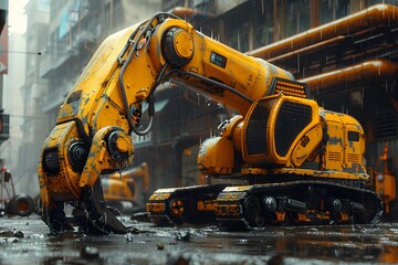 Futuristic Construction Robot in Rainy Urban Setting - Industrial Innovation Concept