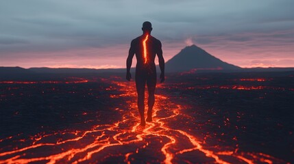 A person walking through a molten fiery volcanic landscape pulsing with scorching energy and power