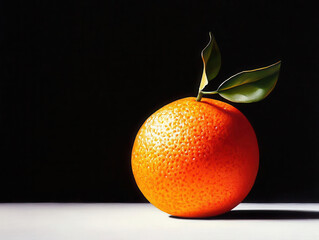 Single orange with green leaves on white surface.