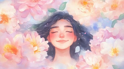 Wall Mural - Watercolor portrait of smiling dark-haired woman with pink flowers, gentle and vibrant artwork