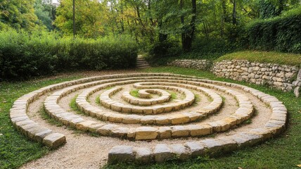 Circular stone labyrinth in lush green garden surrounded by dense vegetation and trees