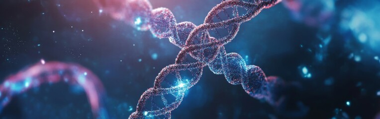 A detailed view of intertwined DNA strands illuminated in vibrant colors against a dark background, highlighting genetic structure and complexity. Wide web banner.