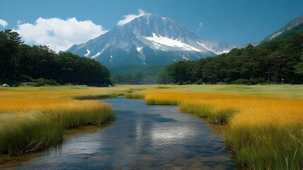 Poster - Serene River Winding Through Grasslands with Mountain View