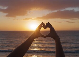 Two hands form a heart shape, framing a radiant sunset over the ocean. The image symbolizes love, hope, and warmth.