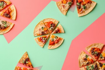 Poster - An assortment of tacos and pizza slices arranged in a geometric pattern, highlighting vibrant colors and textures for street food lovers. Generative AI