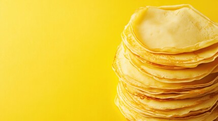 Poster - Freshly made golden crepes are stacked high, showcasing their delicate texture against a bright yellow background, inviting indulgence. Generative AI
