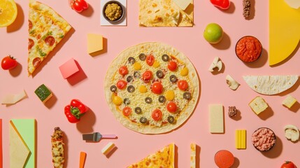 Poster - An assortment of tacos and pizza is beautifully arranged in geometric order on a bright surface, showcasing diverse toppings and ingredients. Generative AI
