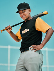 Poster - Sport, baseball player and portrait with bat on field for match exercise, competition workout and smile on pitch. Teenager, boy athlete or fitness for game performance, training or softball challenge