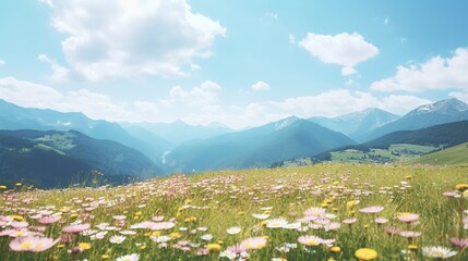 Wall Mural - Hiking through Beautiful mountain village scenery with fresh flower field meadows Highlands