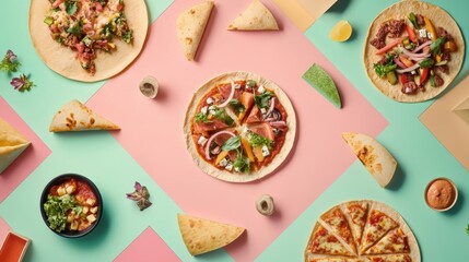 Poster - A vibrant layout showcases various tacos and pizza arranged geometrically on pastel green and pink surfaces, inviting hungry onlookers. Generative AI
