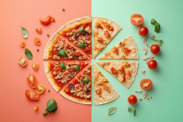 Poster - A vibrant assortment of tacos and pizza is artfully arranged in geometric patterns, showcasing a delightful street food experience. Generative AI
