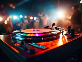  DJ Night Club Deejay Record Player Retro night club neon colorful light DJ is mixing music with deejay controller 