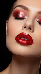 Beautiful young model with glossy red lips and eyeshadows. Beauty woman with a perfect skin wet face effect. Metallic shine fashion makeup close-up.