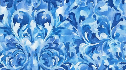 Poster - Ceramic tile design in blue tones featuring a seamless Sicilian ornament Baroque watercolor backdrop with hand drawn royal motifs Mediterranean inspired print