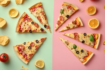 Poster - A variety of tacos and pizza slices are neatly arranged in geometric patterns at a lively street food festival, highlighting delicious options. Generative AI