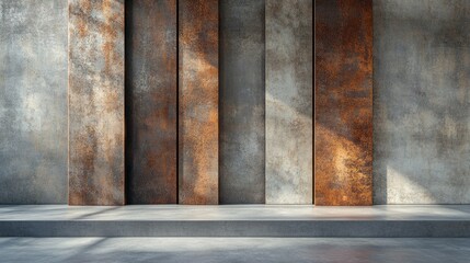 Poster - 3d rendering of a smooth abstract interior featuring rusted metal sheets and gray concrete showcasin