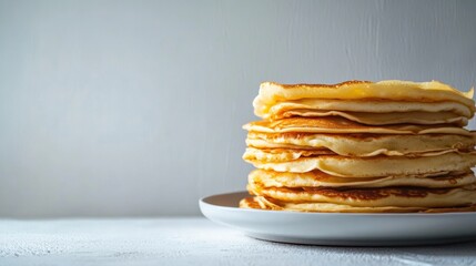 Poster - A tall stack of golden crepes sits invitingly on a plate, ready to be enjoyed for breakfast or dessert in a warm kitchen atmosphere. Generative AI