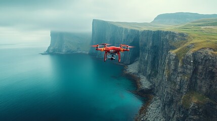 Poster - A bright red drone hovers over a rugged coastline, capturing views of towering cliffs and serene turquoise waters under a cloudy sky.