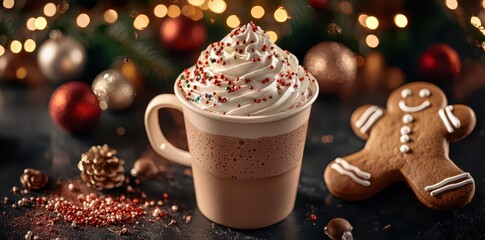 Gingerbread man lounging in a cozy cup of steaming hot cocoa, embodying holiday warmth and cheer.