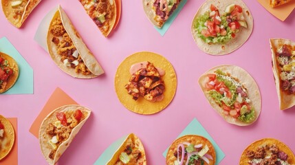 Poster - Tacos and pizza are artistically arranged in a geometric pattern, creating a vibrant and appetizing street food presentation. Generative AI