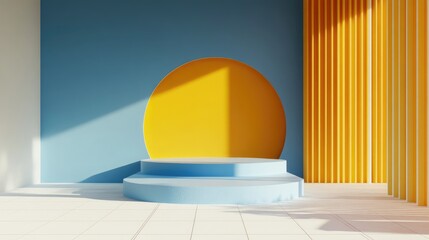 Poster - Minimalist blue composition featuring a podium and an abstract backdrop Geometric shapes in pastel hues 3D rendering showcasing geometric forms in yellow and orange