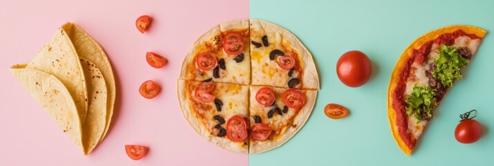 Poster - Tacos and pizza are artfully arranged with fresh ingredients, showcasing the colorful appeal of street food in an enticing layout. Generative AI