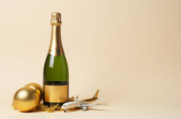 Wall Mural - Champagne bottle mockup on beige background with golden balls, tinsel and copy space. Airplane model lies nearby. Holiday travel at Christmas and New Year.