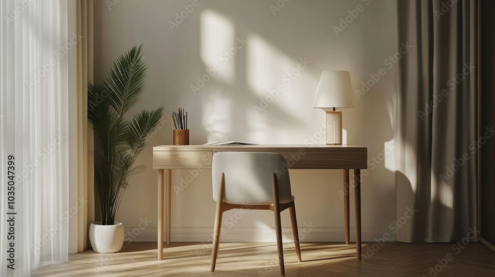Wood desk and chair minimalist decor natural materials create calm workspace atmosphere