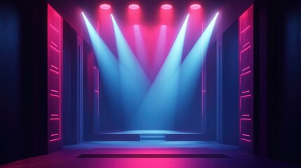 Poster - Dramatic Light Beam On A Dark Stage Bright Spotlight From Projectors In A Theater Dim Room With Light Highlights Isometric 3D Interior Of An Empty Concert Or Music Venue