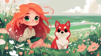 Red haired girl with a red collie type dog in a meadow by the beach