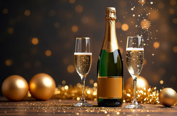 Champagne bottle mockup and two full glasses standing on brown background with bokeh and space for text surrounded by golden balls and tinsel. Concept of Christmas and New Year celebration.