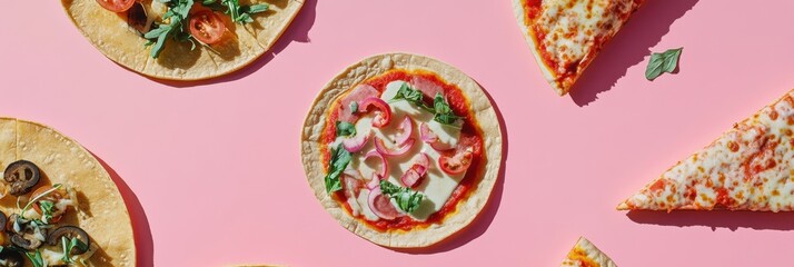 Poster - A vibrant display of delicious tacos and pizza is arranged in geometric order on a colorful surface, inviting food lovers to indulge. Generative AI