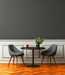 A sophisticated dining arrangement showcasing a modern table, two sleek chairs, a vibrant red cup, and a plant, all against a dark, elegant background wall.