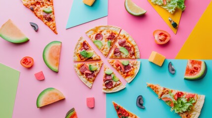 Poster - An assortment of tacos and pizza slices is artistically organized in a geometric pattern on a vibrant table, inviting all food lovers. Generative AI