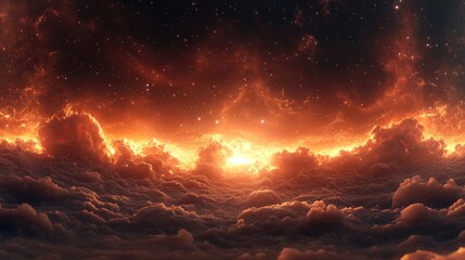 Poster - 360 degree interstellar cloud of dust and gas in a 3D cartoon rendering Background features space with a glowing nebula and stars Equirectangular projection creating a spherical panorama for an HD