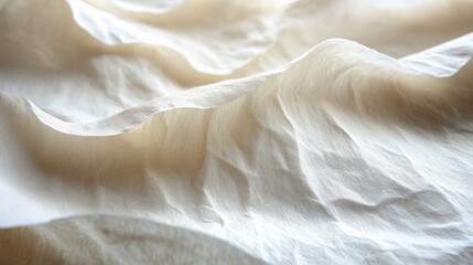 Fototapete - Soft, textured cream fabric lies undisturbed, forming gentle waves as natural light highlights its delicate structure in an indoor space.