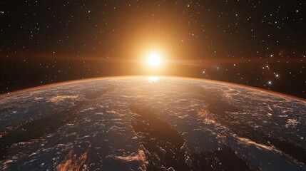 Wall Mural - panoramic view of the earth sun stars and galaxy in a 3d cartoon rendering sunrise above the planet 