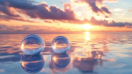 Poster - Fantasy 3D illustration of glass spheres floating on a serene water surface mirroring a tranquil sunset sky