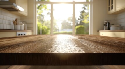 Poster - 3D rendering of a beautiful empty brown wooden tabletop with a blurred defocused modern kitchen interior background featuring daylight flare suitable for product montage display