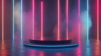 Poster - Empty stage with a podium designed for product presentation featuring colored neon lights and blurred reflections on the floor 3D rendering
