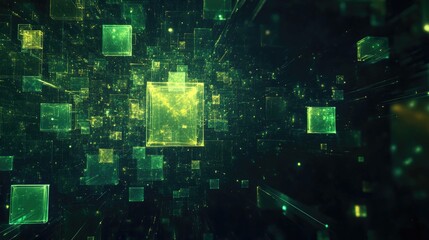 Poster - Abstract green square bokeh on a black background created using 3D cartoon rendering Fantasy fractal texture in digital art