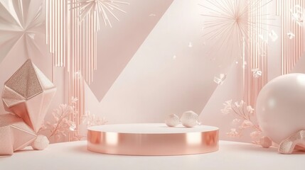 Poster - Luxury rose gold and white 3D rendered geometric abstract background featuring a display podium in a minimalistic style
