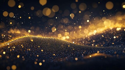 Poster - Gold Dust Light Bokeh On Black Background Luxury Particles Bokeh Abstract Golden Shimmering Magic Glow Flying Lights On Dark Background Festive Design Holiday Celebration