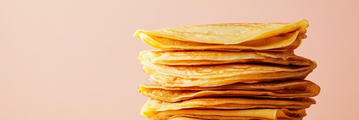 Poster - Golden crepes piled high, waiting to be enjoyed for breakfast, with a pastel backdrop creating a warm and inviting atmosphere. Generative AI