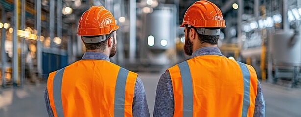 Two workers in safety gear overlooking an industrial facility with equipment and machinery in background