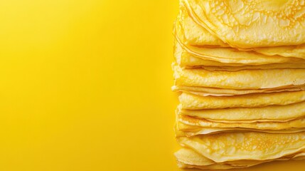 Poster - A neatly arranged stack of golden crepes sits on a vibrant yellow backdrop, creating an inviting atmosphere for culinary delights. Generative AI