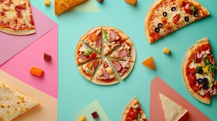 Poster - Tacos and various pizza slices are neatly laid out in a geometric pattern against a bright background, inviting food lovers to indulge. Generative AI
