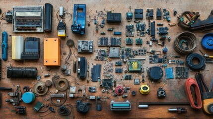Poster - Various Electronic Components on Wooden Background